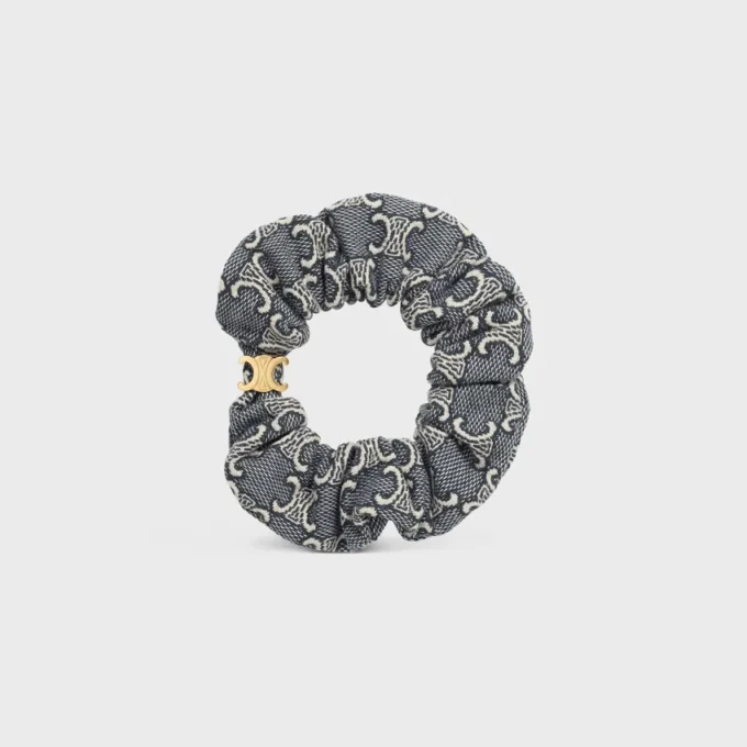 Celine Jacquard Triomphe Scrunchy in Cotton, Polyester, Polyamide and Brass with Gold Finish Celine Jacquard Triomphe Scrunchy in Cotton, Polyester, Polyamide and Brass with Gold Finish