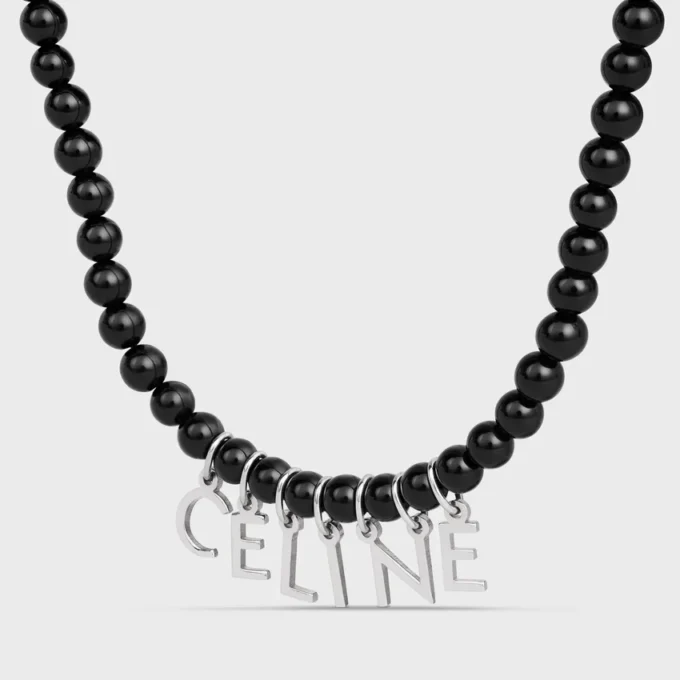 Celine Monochroms Beads Necklace in Onyx and Brass with Rhodium Finish