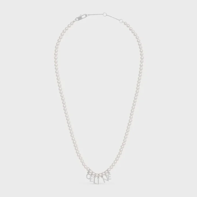 Celine Monochroms Necklace in Glass Pearls and Brass with Rhodium Finish