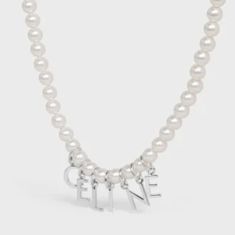 Celine Monochroms Necklace in Glass Pearls and Brass with Rhodium Finish