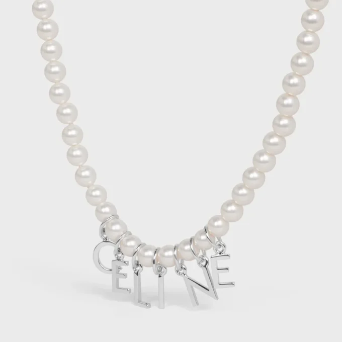 Celine Monochroms Necklace in Glass Pearls and Brass with Rhodium Finish