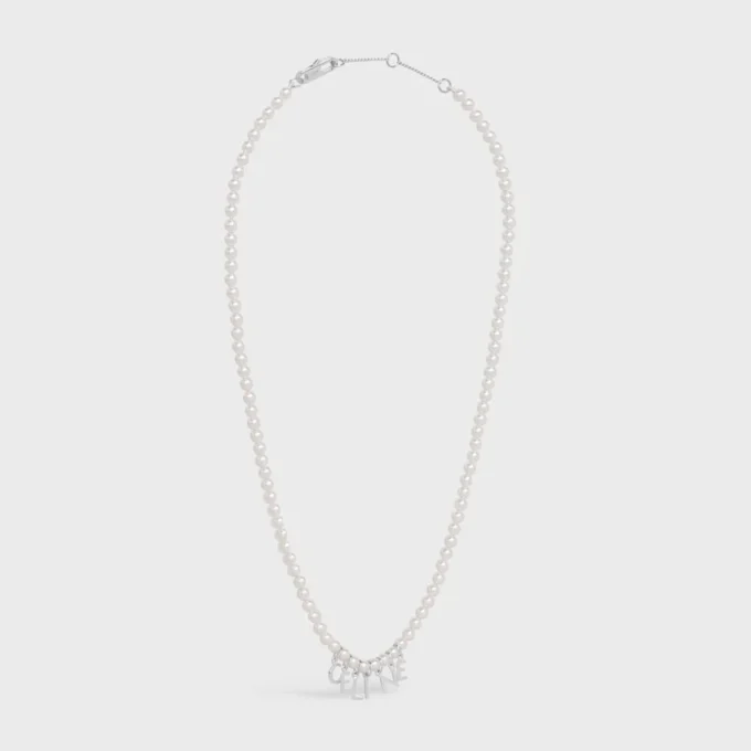 Celine Monochroms Necklace in Glass Pearls and Brass with Rhodium Finish