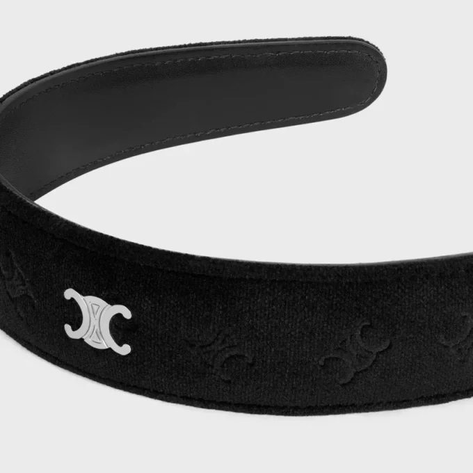 Celine Stamped Headband in Calfskin, Polyester and Brass with Rhodium Finish Celine Stamped Headband in Calfskin, Polyester and Brass with Rhodium Finish