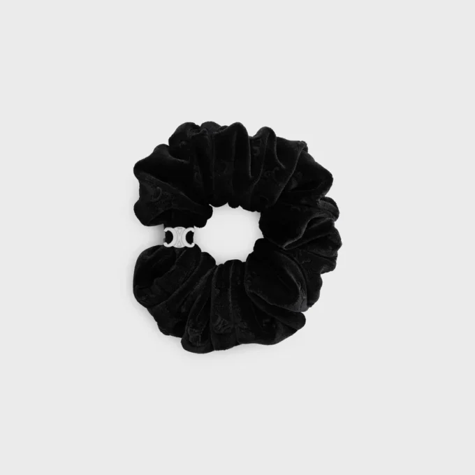 Celine Stamped Scrunchy in Polyester and Brass with Rhodium Finish Celine Stamped Scrunchy in Polyester and Brass with Rhodium Finish