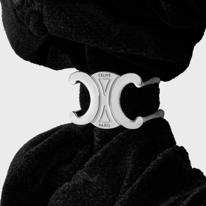 Celine Stamped Scrunchy in Polyester and Brass with Rhodium Finish Celine Stamped Scrunchy in Polyester and Brass with Rhodium Finish