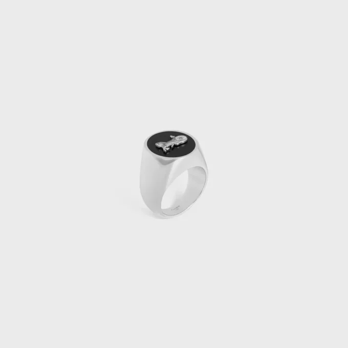 Celine Sulky Signet Ring in Enamel and Brass with Rhodium Finish