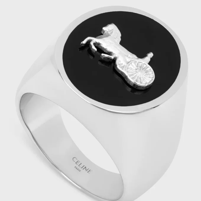 Celine Sulky Signet Ring in Enamel and Brass with Rhodium Finish