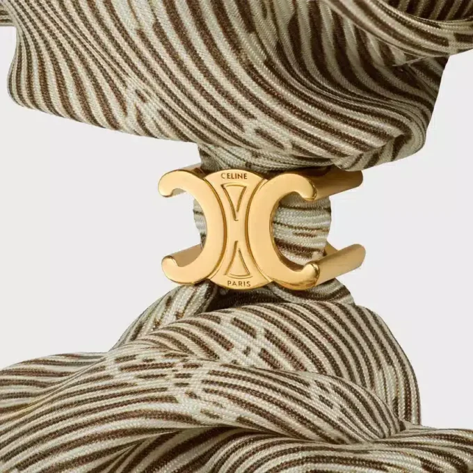 Celine Triomphe Diagonale Scrunchy in Silk and Brass with Gold Finish Celine Triomphe Diagonale Scrunchy in Silk and Brass with Gold Finish