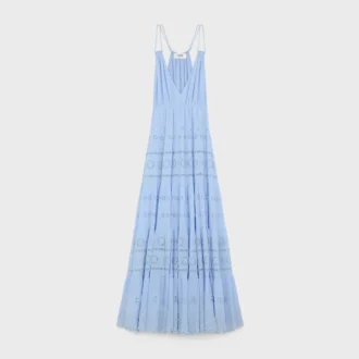 Embroidered Long Dress in Cotton Silk Crepon