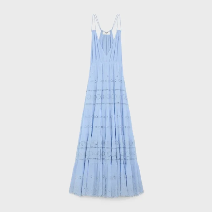 Embroidered Long Dress in Cotton Silk Crepon