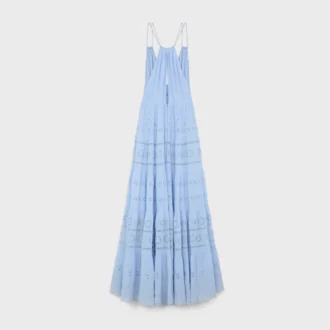 Embroidered Long Dress in Cotton Silk Crepon