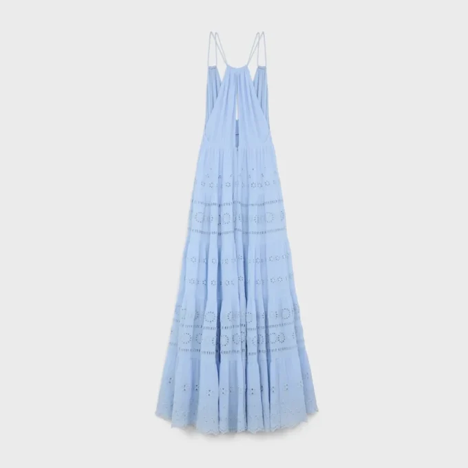 Embroidered Long Dress in Cotton Silk Crepon