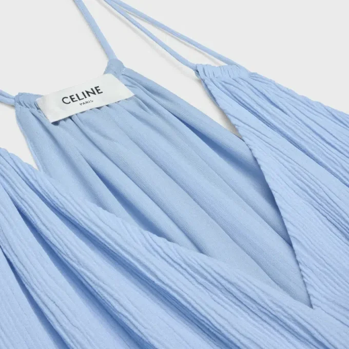Embroidered Long Dress in Cotton Silk Crepon