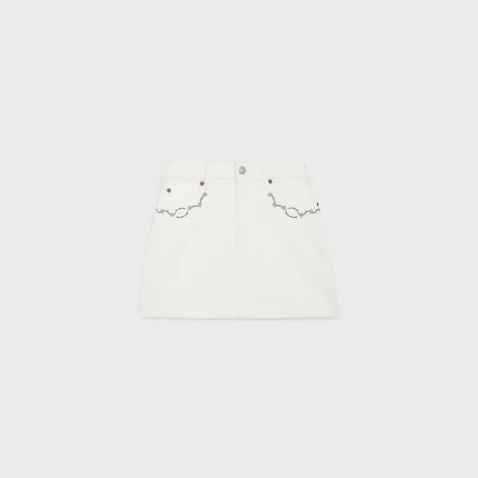 Embroidered Mini Skirt in Raw Wash White Denim