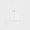 Embroidered Trucker Jacket in Raw Wash White Denim