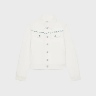 Embroidered Trucker Jacket in Raw Wash White Denim