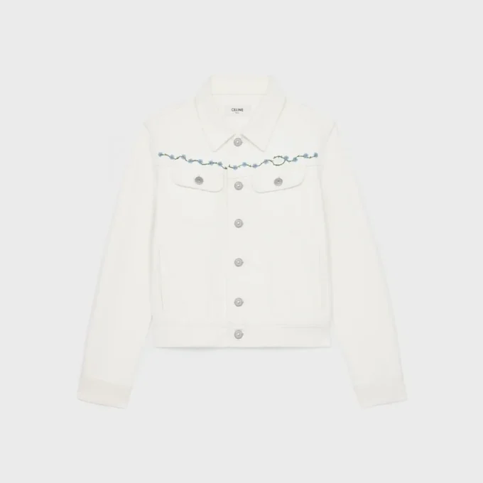 Embroidered Trucker Jacket in Raw Wash White Denim