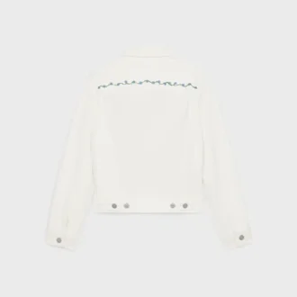 Embroidered Trucker Jacket in Raw Wash White Denim