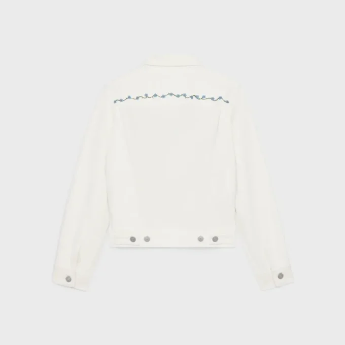 Embroidered Trucker Jacket in Raw Wash White Denim