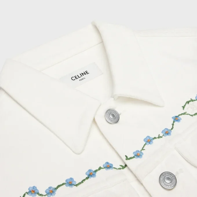 Embroidered Trucker Jacket in Raw Wash White Denim