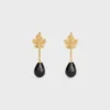 Green Thumb Leaf Earring in Onyx and Brass with Gold Finish