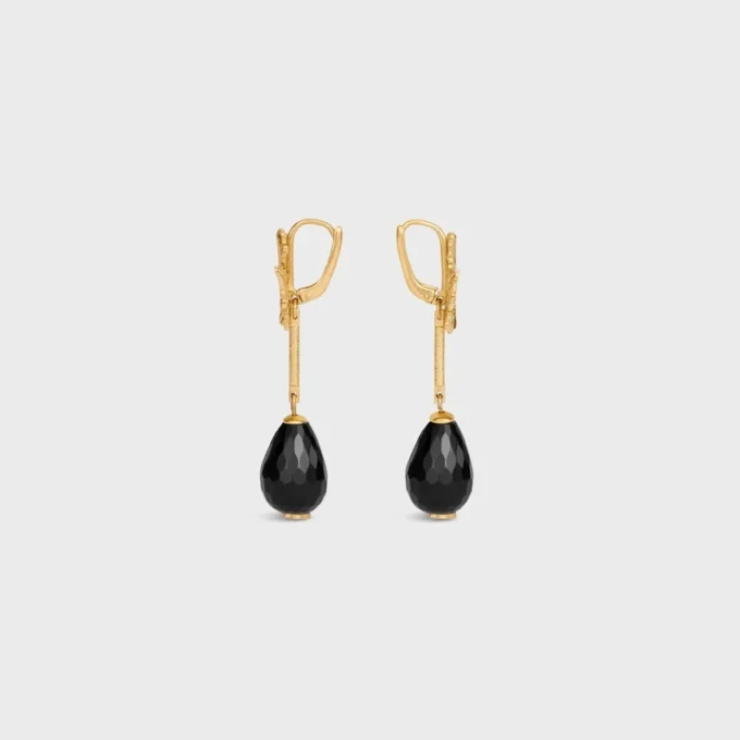 Green Thumb Leaf Earring in Onyx and Brass with Gold Finish