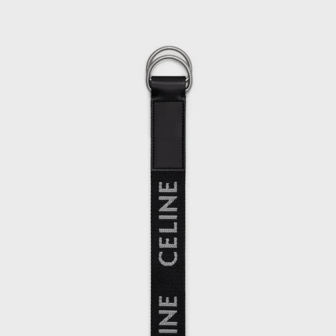 Large 30Mm Double Ring Belt in Jacquard Textile and Calfskin Large 30Mm Double Ring Belt in Jacquard Textile and Calfskin