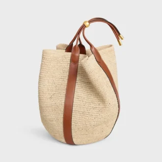 Large Drop Bucket Bag in Raffia and Calfskin