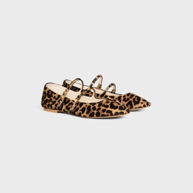 Les Ballerines Celine Double Strap Ballerina in Leopard Printed Hairy Calfskin Les Ballerines Celine Double Strap Ballerina in Leopard Printed Hairy Calfskin