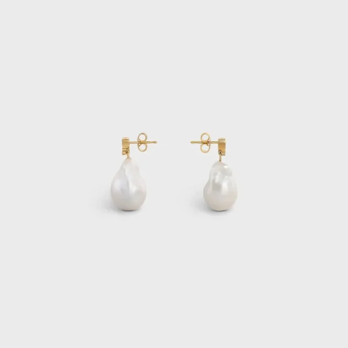 Les Perles Celine Baroque Earrings in Brass with Gold Finish and Cultured Pearls Les Perles Celine Baroque Earrings in Brass with Gold Finish and Cultured Pearls