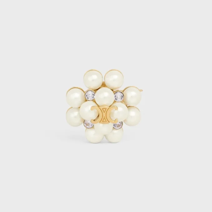 Les Perles Celine Brooch in Strass, Resin Pearls, Brass with Gold Finish and Steel Les Perles Celine Brooch in Strass, Resin Pearls, Brass with Gold Finish and Steel