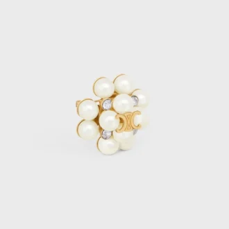 Les Perles Celine Brooch in Strass, Resin Pearls, Brass with Gold Finish and Steel