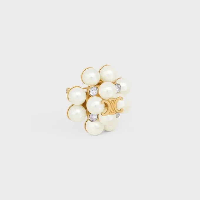 Les Perles Celine Brooch in Strass, Resin Pearls, Brass with Gold Finish and Steel Les Perles Celine Brooch in Strass, Resin Pearls, Brass with Gold Finish and Steel