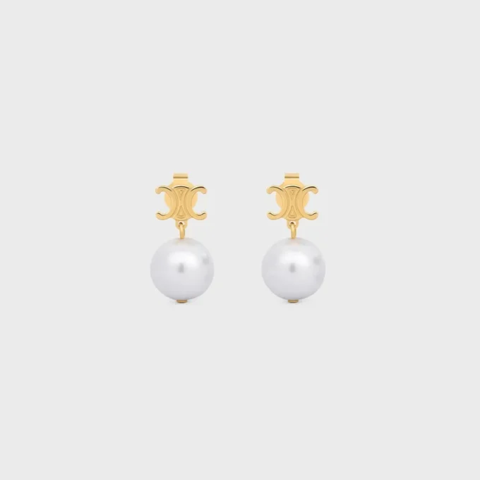 Les Perles Celine Earrings in Brass with Gold Finish and Resin Pearls Les Perles Celine Earrings in Brass with Gold Finish and Resin Pearls