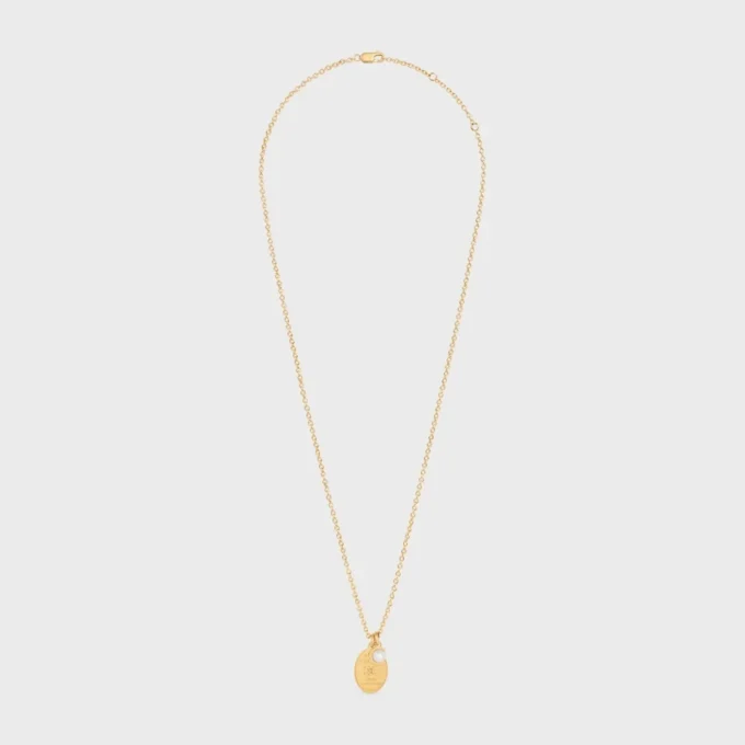 Les Perles Celine Medal Necklace in Resin Pearl and Brass with Gold Finish