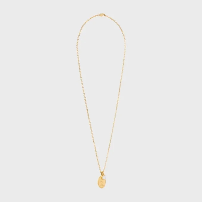 Les Perles Celine Medal Necklace in Resin Pearl and Brass with Gold Finish