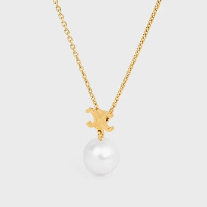 Les Perles Celine Necklace in Resin Pearl and Brass with Gold Finish
