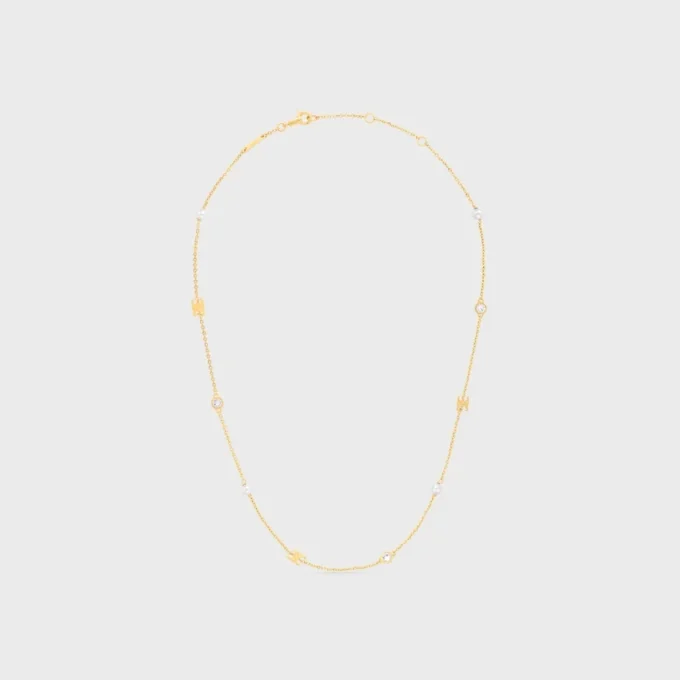 Les Perles Celine Necklace in Strass, Resin Pearls and Brass with Gold Finish
