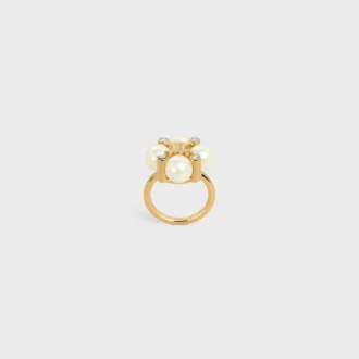 Les Perles Celine Ring in Strass, Resin Pearls and Brass with Gold Finish