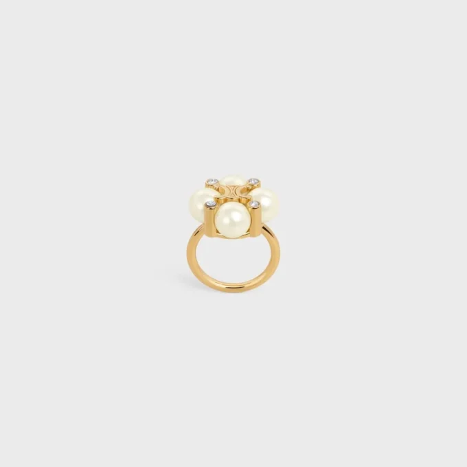 Les Perles Celine Ring in Strass, Resin Pearls and Brass with Gold Finish Les Perles Celine Ring in Strass, Resin Pearls and Brass with Gold Finish
