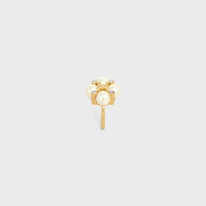 Les Perles Celine Ring in Strass, Resin Pearls and Brass with Gold Finish Les Perles Celine Ring in Strass, Resin Pearls and Brass with Gold Finish