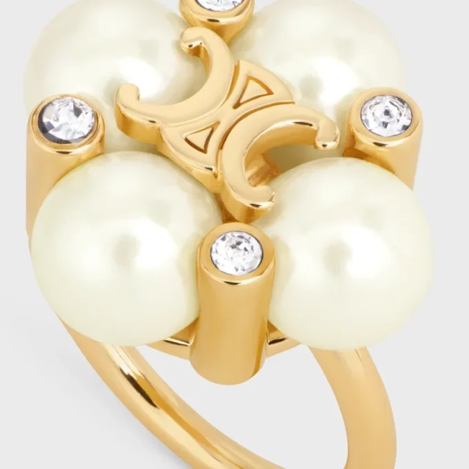 Les Perles Celine Ring in Strass, Resin Pearls and Brass with Gold Finish Les Perles Celine Ring in Strass, Resin Pearls and Brass with Gold Finish