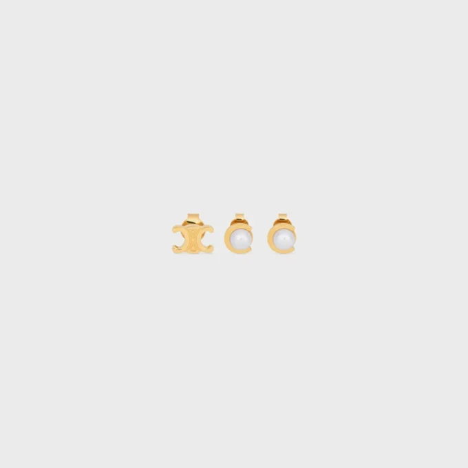 Les Perles Celine Set of 3 Studs in Resin Pearls and Brass with Gold Finish Les Perles Celine Set of 3 Studs in Resin Pearls and Brass with Gold Finish