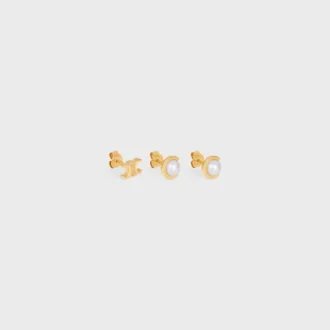 Les Perles Celine Set of 3 Studs in Resin Pearls and Brass with Gold Finish