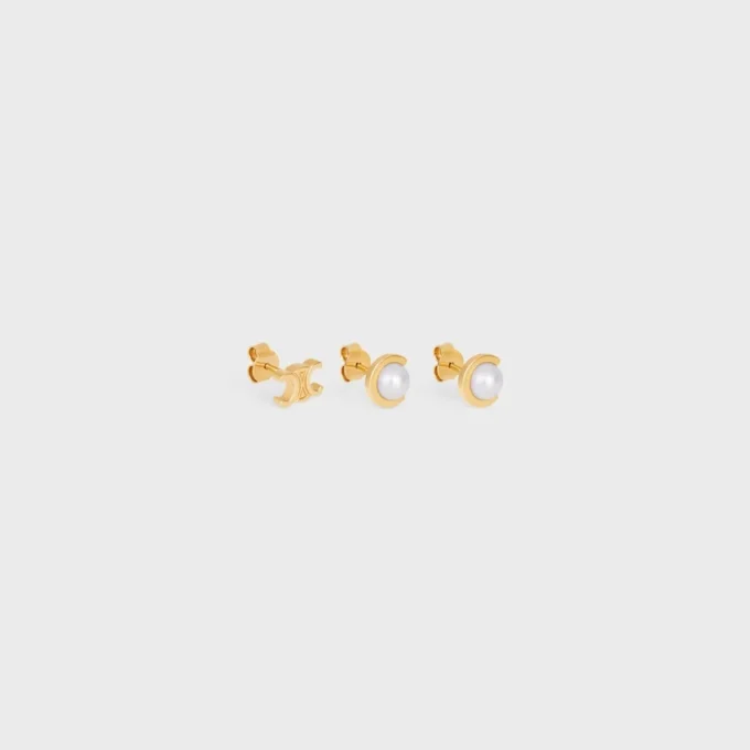 Les Perles Celine Set of 3 Studs in Resin Pearls and Brass with Gold Finish Les Perles Celine Set of 3 Studs in Resin Pearls and Brass with Gold Finish