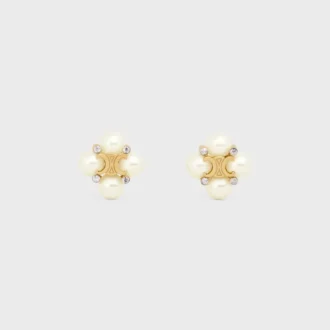 Les Perles Celine Studs in Strass, Resin Pearls and Brass with Gold Finish