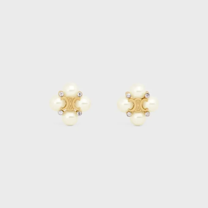 Les Perles Celine Studs in Strass, Resin Pearls and Brass with Gold Finish Les Perles Celine Studs in Strass, Resin Pearls and Brass with Gold Finish