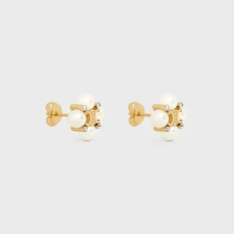 Les Perles Celine Studs in Strass, Resin Pearls and Brass with Gold Finish