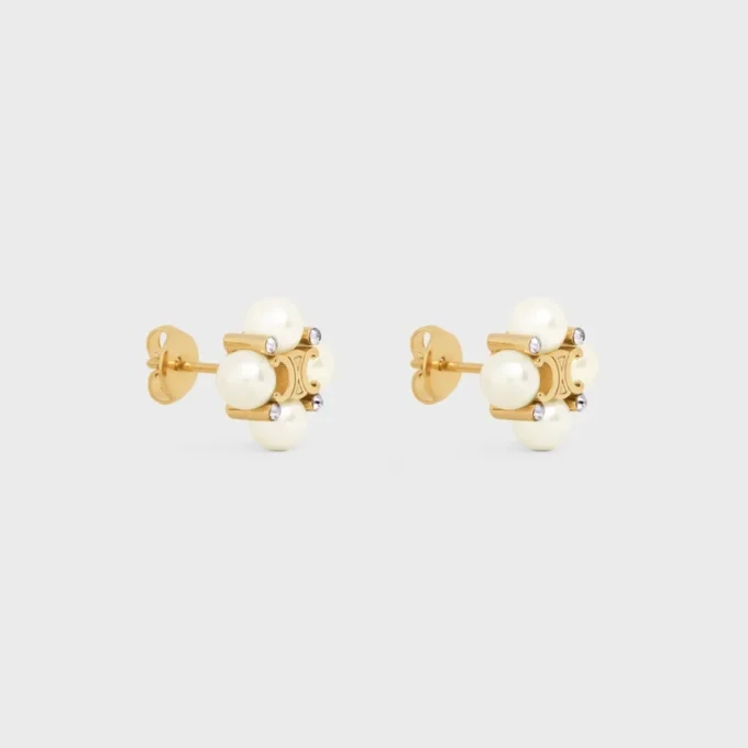Les Perles Celine Studs in Strass, Resin Pearls and Brass with Gold Finish Les Perles Celine Studs in Strass, Resin Pearls and Brass with Gold Finish