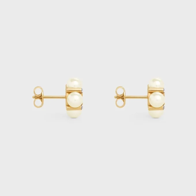 Les Perles Celine Studs in Strass, Resin Pearls and Brass with Gold Finish Les Perles Celine Studs in Strass, Resin Pearls and Brass with Gold Finish